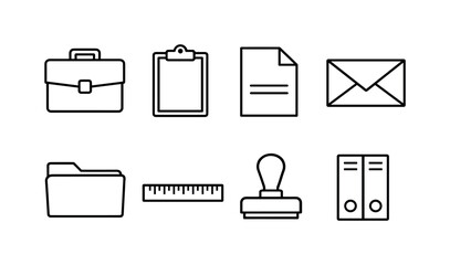 A set of eight minimalist line art icons depicting common office and business tools and documents