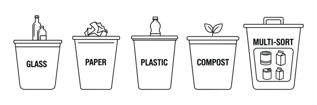 Recycling bin set for waste sorting vector icons for glass paper and plastic