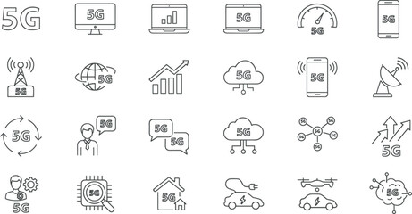 5G technology line icon set showing network speed connectivity cloud devices data transmission smart systems vector illustration