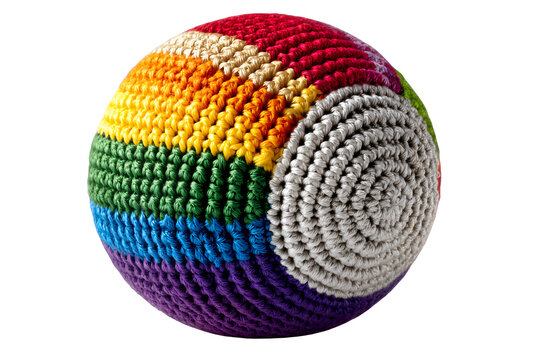 Rainbow striped crochet hacky sack ball with knitted texture, isolated on white