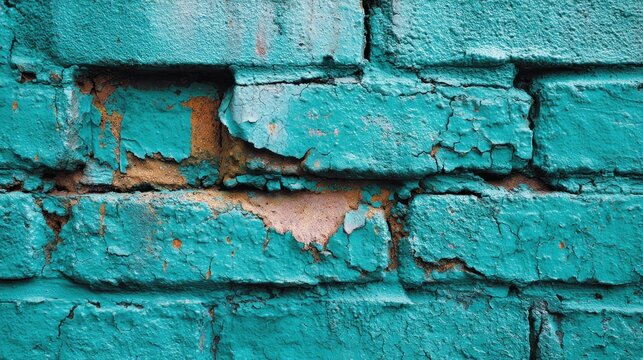 Turquoise brick wall with peeling paint, showing wear and aged texture in a close-up shot