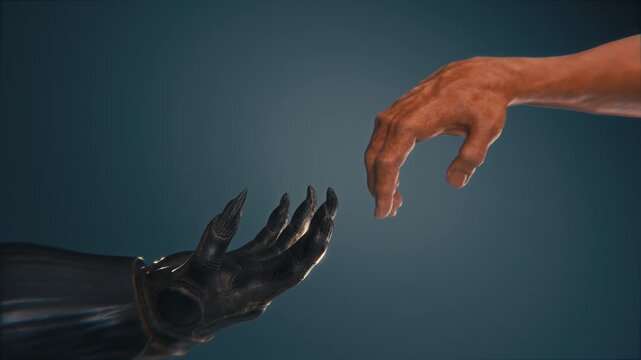 3D animation of a human hand and an insectoid alien hand reaching toward each other in a slow-motion homage to Michelangelo's The Creation of Adam.