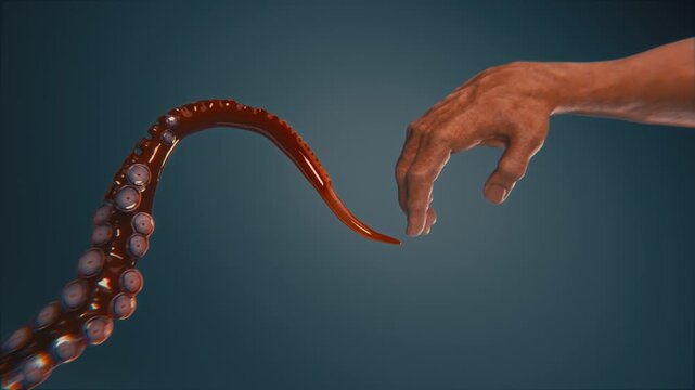 Slow motion 3D animation of a human hand reaching toward an alien tentacle in an homage to Michelangelo's The Creation of Adam.