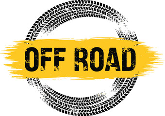 Off road typography logo with tire tracks and yellow brush stroke on a white background. Vector © MstRuna