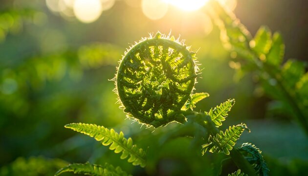 Unfurling Fern Frond in the Golden Light of Dawn.
