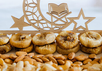Delicious dried dates with nuts in a Ramadan tray.