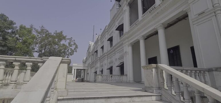 Grand White Exterior of the Historic Lalbagh Palace Featuring Classical Architecture and Elegant Balconies in Indore Madhya Pradesh India