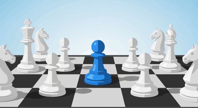 One blue pawn stands alone against a white army on a checkered board