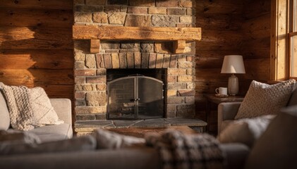 Naklejka premium Mountain cabin hearth corner with an unlit brick fireplace as the main subject surrounded by blurred cushioned seats and a wooden side table evoking calm anticipation.