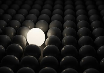 A solitary, bright, distinct sphere stands out dramatically from a large, monotonous arrangement of identical gray spheres ,vision ,noticed ,identity