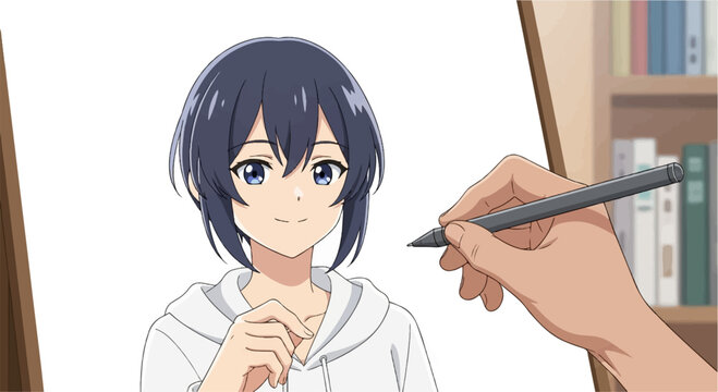 Hand sketching anime character portrait on easel, bookshelf background