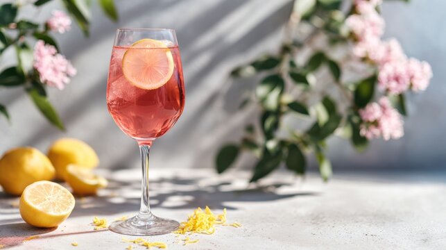 Minimalist pink spritz cocktail garnished with lemon slice, elegantly displayed on a terrazzo surface, capturing a refreshing summer vibe