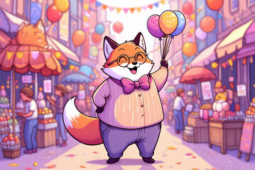 Joyful cartoon fox character wearing glasses and a bow tie holding balloons at a vibrant street market festival
