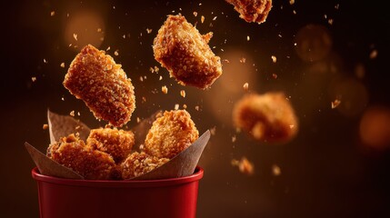 Fried chicken nuggets falling in air