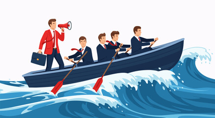 Business team rowing boat through rough water vector illustration leadership concept © PDWN Creative