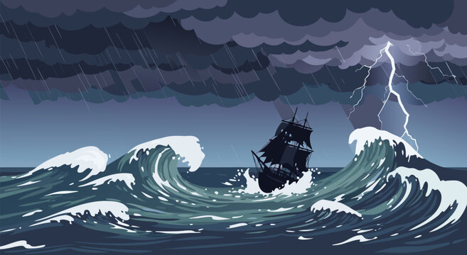 Vector illustration of a historic pirate ship battling rough seas and a powerful thunderstorm with lightning strikes