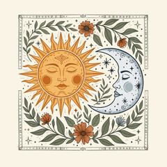 Detailed illustration of a celestial sun and moon with human faces, surrounded by intricate botanical elements and stars in a mystical, bohemian style. © Alfiyah