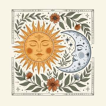 Detailed illustration of a celestial sun and moon with human faces, surrounded by intricate botanical elements and stars in a mystical, bohemian style.