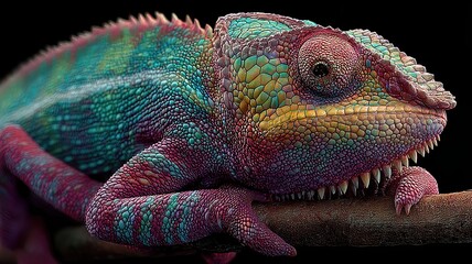 Obraz premium Colorful Chameleon with Vibrant Scales on a Branch in Close-Up View