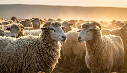 Fototapeta premium Sheep in a field at sunset, close-up of two sheep.
