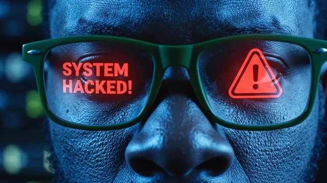 Man with glasses displaying system hacked alert