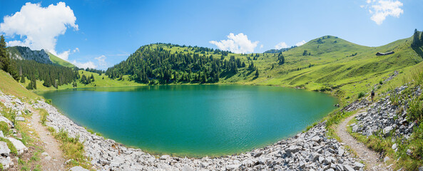 Picturesque Oberstockensee, nestled like a blue pearl in an alpine meadow, switzerland
