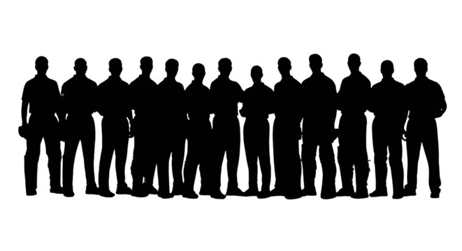 A silhouette vector illustration featuring a large group of standing men forming a line against a white background. isolated on transparent background, Vector