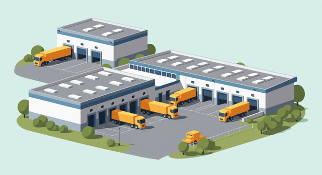 Isometric warehouse complex with multiple loading docks and orange delivery trucks