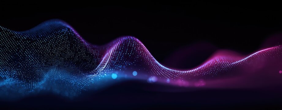 Abstract blue and magenta digital wave with glowing particle mesh on dark background, futuristic data flow design, ideal for AI technology, big data visualization and innovation concepts