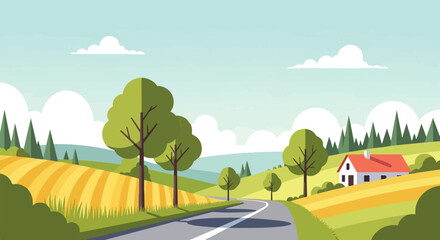 Obraz premium Idyllic countryside with a winding road leading to a cozy home