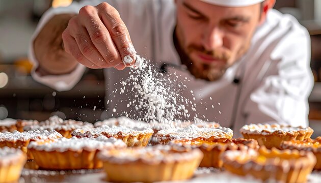 Chef meticulously garnishing tarts with powdered sugar in bakery.