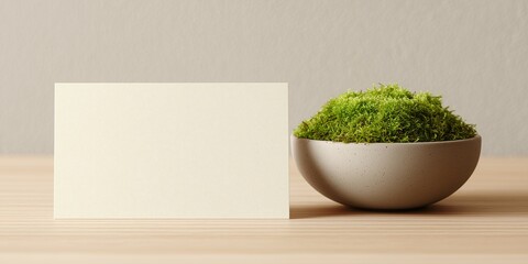 A blank cream-colored postcard mockup standing next to a small, simple ceramic bowl filled with green moss. The surface is a smooth, light wood "Postcard mockup, blank mockup, greetingcard"