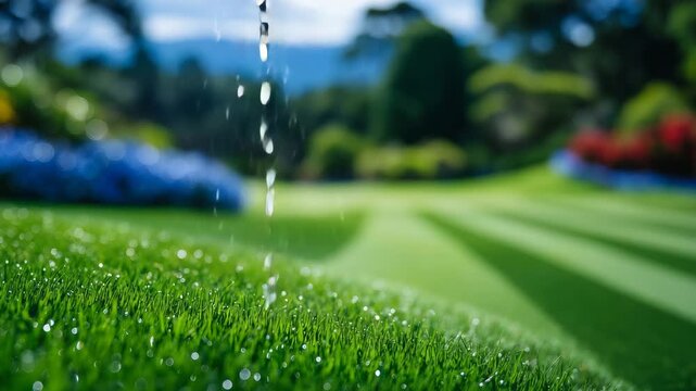 52Extreme macro of green golf course grass, striped mowing pattern visible, morning dew highlights individual blades, natural light emphasizing texture and premium lawn quality