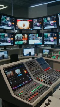 State of the art television broadcast studio control room.