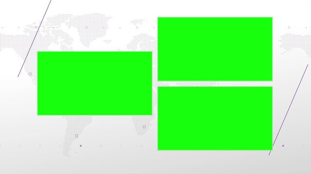 Three box split screen for news, interviews, live broadcast, tv shows, live streaming. Green chroma key cut, 4K loopable world map background with purple elements, simplicity and minimalism design.
