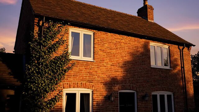 Quaint brick home facade in warm afternoon sunlight, exterior view.