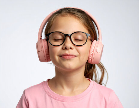 Ni&ntilde;a con auriculares y ojos cerrados en actitud relajada sobre fondo neutro, concepto de escucha, concentraci&oacute;n, bienestar auditivo y calma 