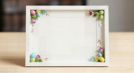 Happy easter sunday greeting card frame with colorful easter eggs and spring florals