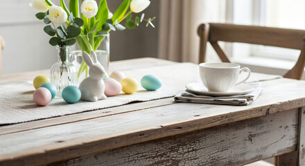 Happy easter sunday morning with easter eggs and flowers