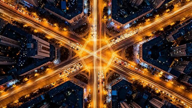 Aerial night city intersection with traffic light trails