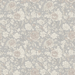 A vintage-inspired floral wallpaper pattern featuring a dense arrangement of roses and smaller blossoms in muted tones of cream and taupe on a soft grey background.