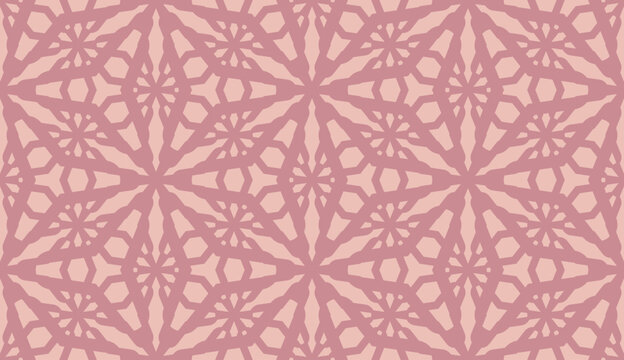 Abstract vector geometric seamless pattern. Elegant floral lattice, weave, grid, mesh, snowflake silhouettes. Soft earthy pink color ornamental background. Allover design for print, wallpaper, decor