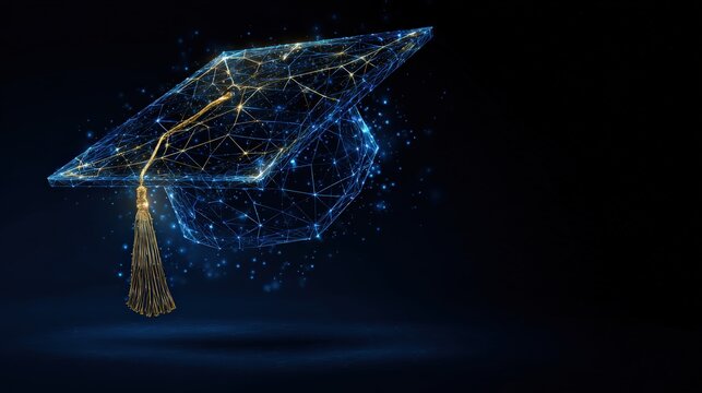 A digital depiction of a graduation cap, with glowing connected nodes, representing academic achievement and higher education. ..Created with Generative AI, not depicting real subjects.
