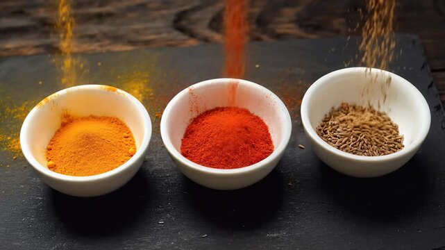 Indian Spices Falling into Bowls Turmeric Chili Cumin Slow Motion