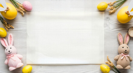 Happy easter sunday greeting with adorable bunny rabbits and colorful eggs