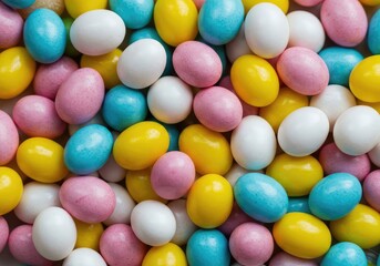 Close-up shot of brightly colored sugar-coated mini easter eggs and pastel jelly beans creating a sweet, festive spring background for holiday celebrations ,joy ,candy ,food