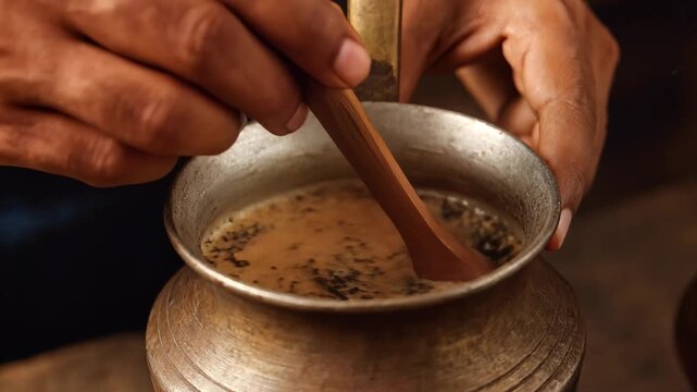 Hand adding spices and stirring authentic Indian masala chai in a pot