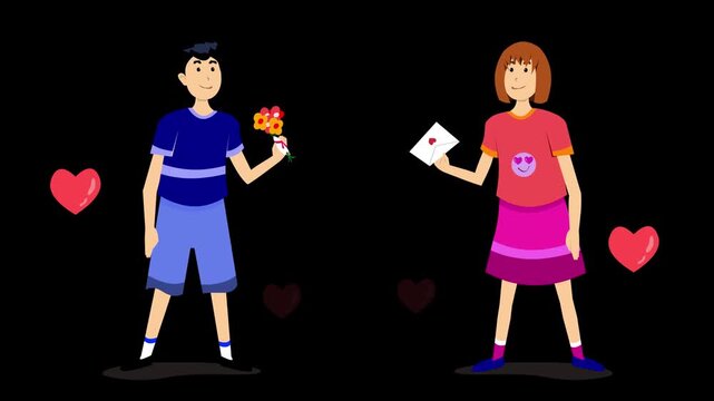 Animated cartoon style vector video of a boy and a girl with gifts in their hands on a black background, 2D, art, family.