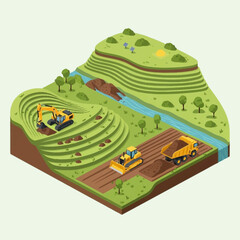 Isometric illustration of earthmoving machinery in a landscape. © Kak