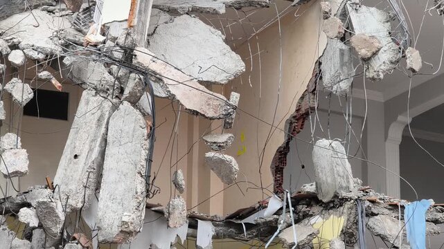 Exposed Rebar and Concrete Hanging from Partially Demolished Building. Dangerous Demolition Scene with Swinging Rebar and Rubble. Collapsed Structure with Hanging Metal and Concrete Fragments.